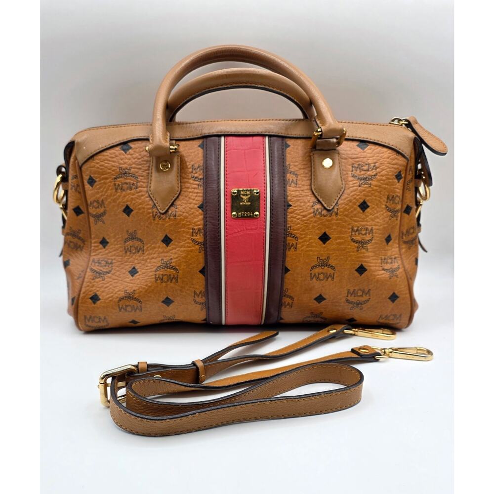 RARE MCM München Visetos Boston Satchel Bag Cognac Leather Top Handle and Strap